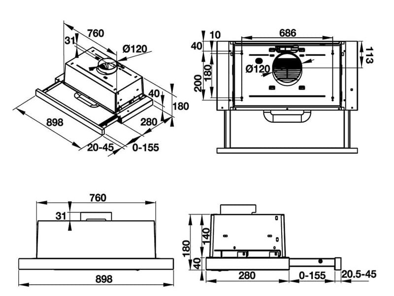 kích thước Máy hút mùi âm tủ Hafele HH-TI90D hellocook