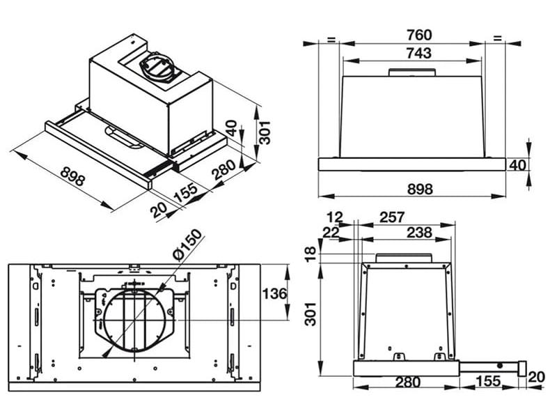 kích thước  máy hút mùi âm tủ hafele hh-tg90e hellocook