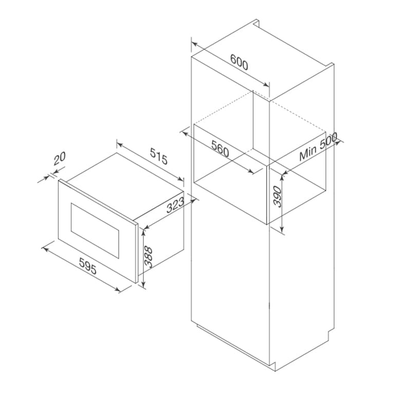 kích thước  Lò vi sóng âm tủ MW-820B hellocook