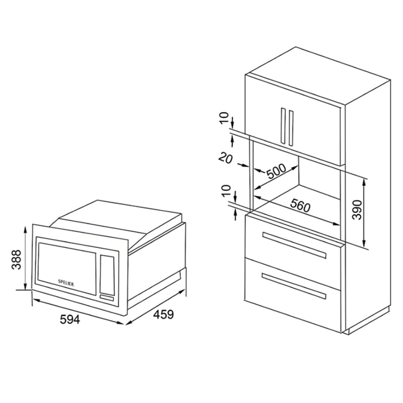 kích thước Lò vi sóng kết hợp nướng Spelier SP 8213 EU hellocook