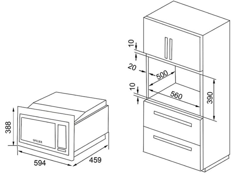 Kích thước Lò vi sóng kết hợp nướng Spelier SP 8206EU hellocook