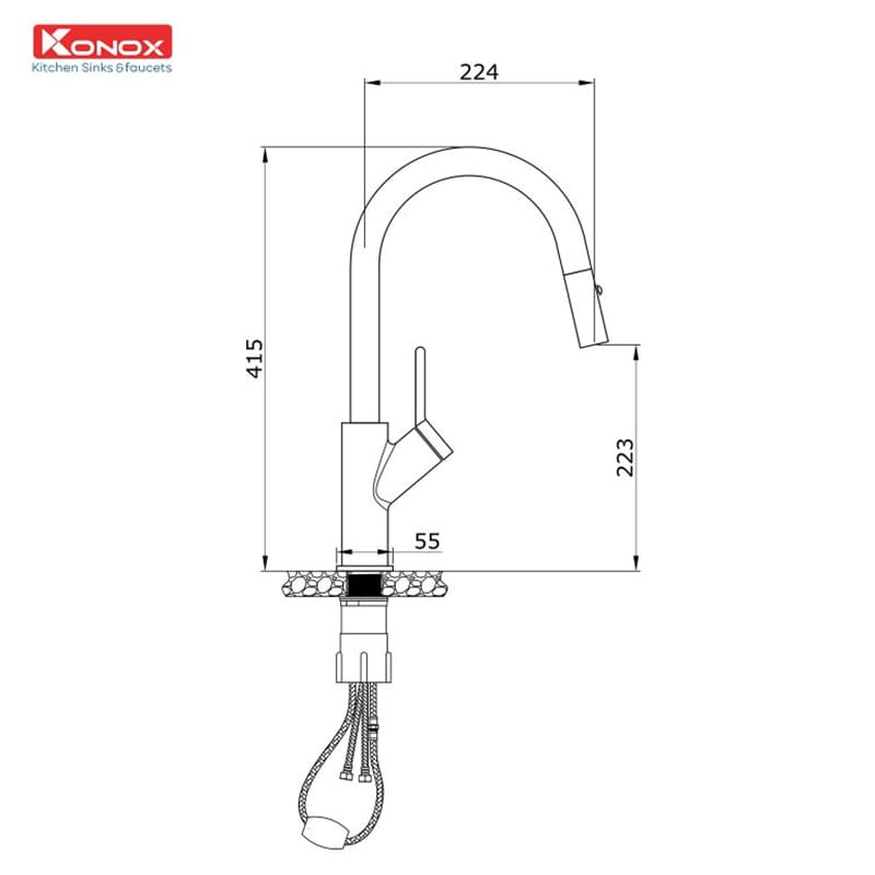 kích thước Vòi bếp có dây rút Konox Ponte hellocook