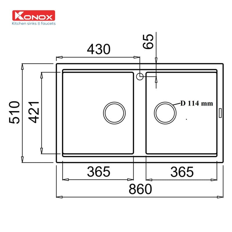 kích thước Chậu Rửa Bát Đá 2 Hộc Konox Phoenix 860 hellocook