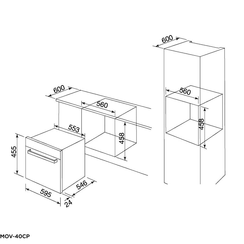 Bảng vẽ kỹ thuật của lò nướng âm tủ Malloca MOV-40CP