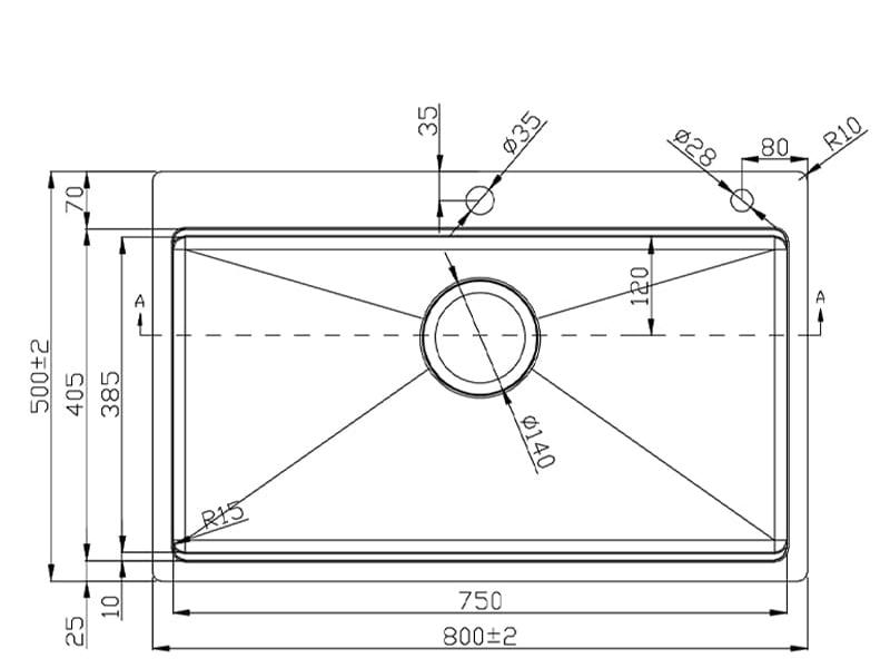 Bản vẽ kỹ thuật chậu rửa bát 1 hộc Konox KN8050TS