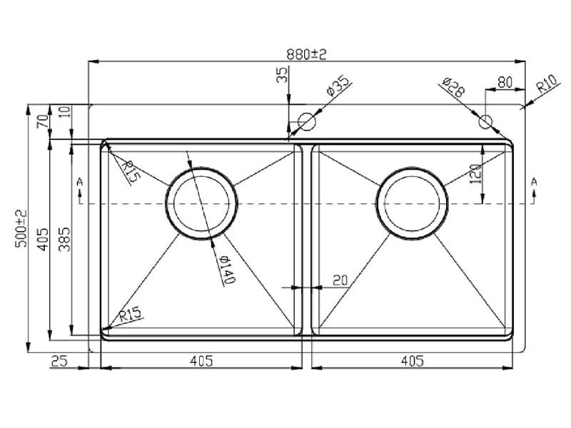 Bản vẽ kỹ thuật chậu rửa bát 2 hộc Konox UNICO 8850